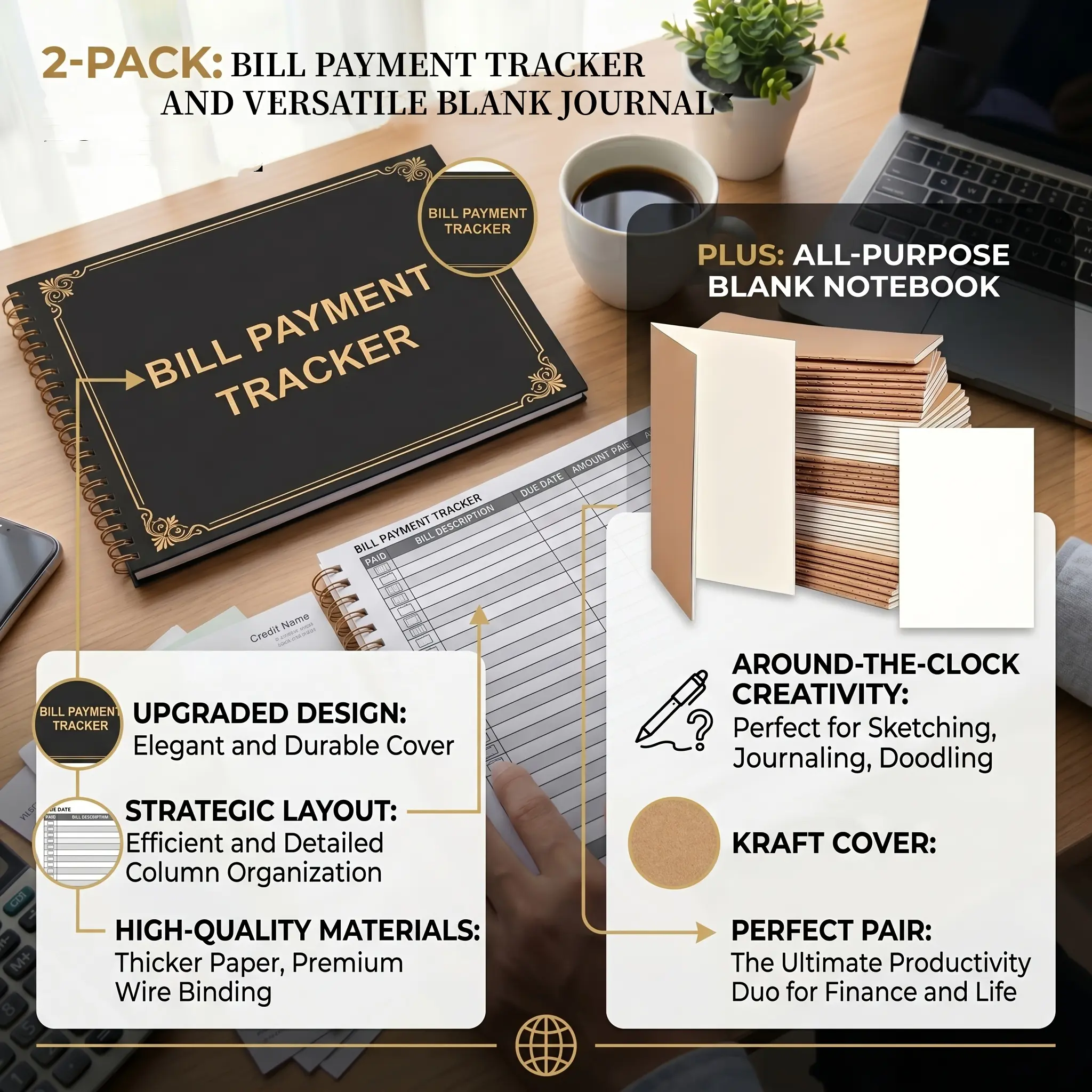 2PCS Notebook Combo, New Upgraded Horizontal Bill Ledger Budget Record Book for Household & Small Business Finance, Blank Thick Paper Sketch Notebook for Adults Ideal for Sketching, Doodling & Painting, Home Office School Stationery Supplies