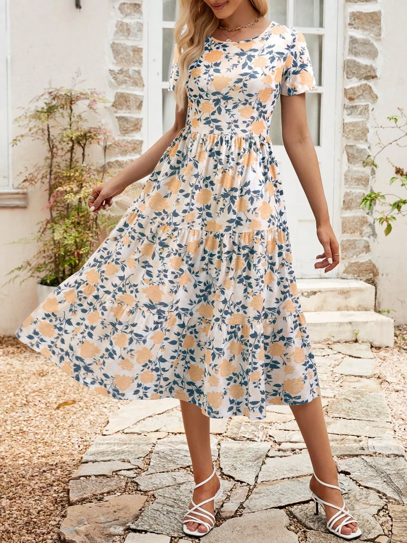 Women's Round Neck Short Sleeve Midi Dress, High Waist A-Line with Side Pockets, Soft Breathable Knit, Casual Everyday Summer Dress