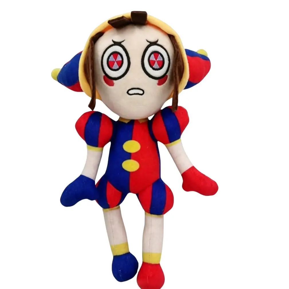 Cute Split Red Blue Jester Clown Plush Doll, Cute Stuffies, Color Block Circus Stuffed Toy with Big Round Eyes, Soft Fluffy Cartoon Sitting Plushie, Carnival Decor Gift for Kids & Game Fans