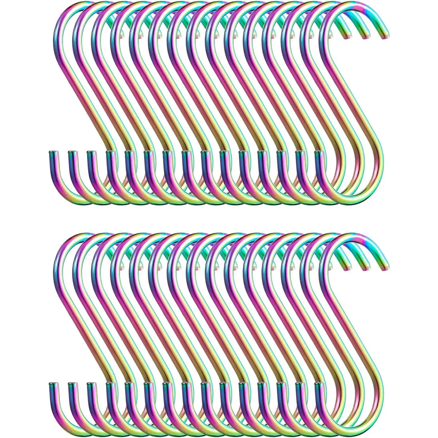 Rainbow S Hooks for Hanging Pack of 30, Heavy Duty Stainless Steel Titainium Plating Metal Mutil Purpose Hanger for Kitchen Pans, Pots, Utensils Tooks, Cups, Mugs, Clothes, Bags, Towels, Plants