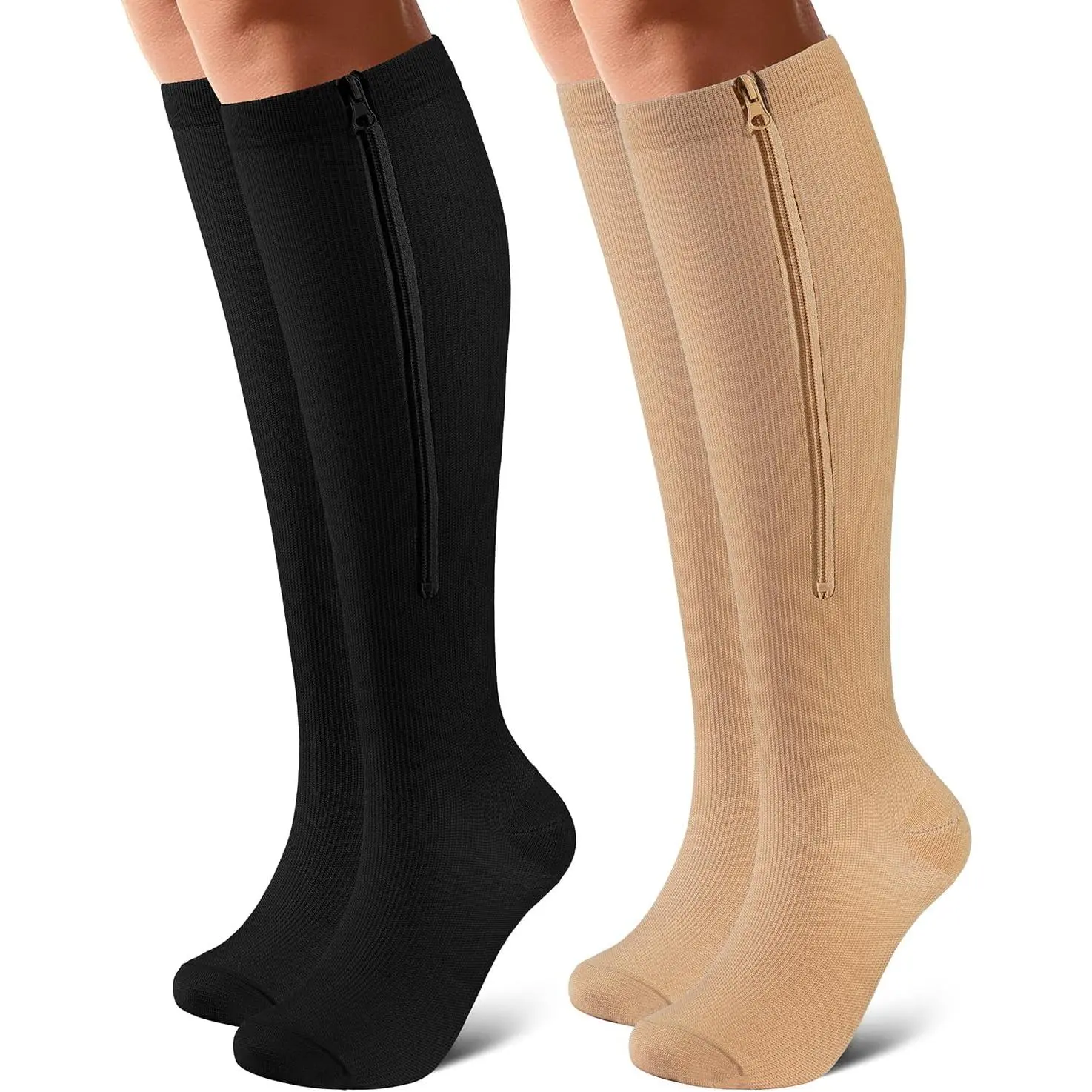 Unisex Sporty Sports Socks, 2 Pairs Knee-High Zippered Toe Close Toe Compression Socks with 15-20mmHg Support, Multi-Size for Outdoor Running Cycling