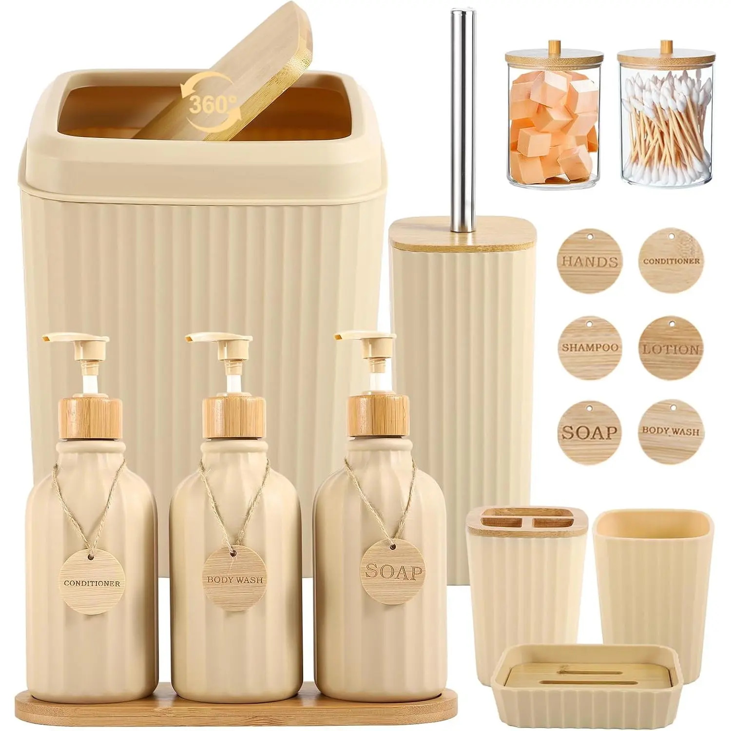 Bathroom Set 17 count Beige Bathroom Accessories Set Bathroom Sets with Trash Can 3 count Lotion Soap Dispenser,  Holder,6PCS  Tags Bathroom Accessories for Kitchen Bathroom