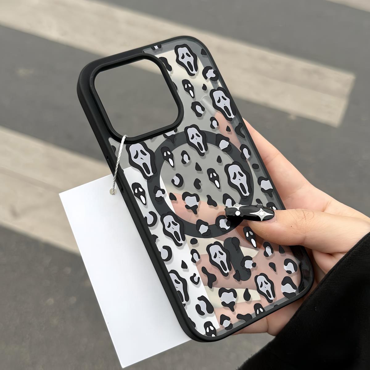 Scream Mask Clear Magnetic Phone Case , Support MagSafe Silicone Bumper Protective Cover For iPhone X 11 12 13 14 15 16 17 Pro Max Plus Air Girl Spooky Faces And Wild Patterns