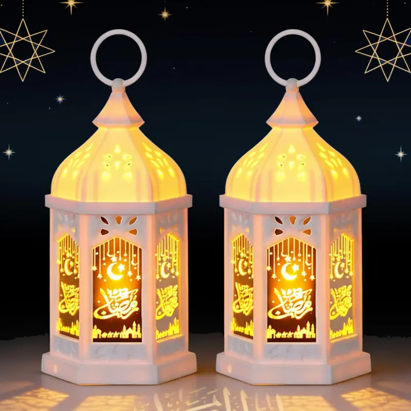Eid Decorations, Ramadan Lantern Lights 2 Pack, Battery Operated Islamic Decorative Tabletop Lantern, Hanging Lamp with Moon Star, Eid Mubarak Decorations for Home Party Table