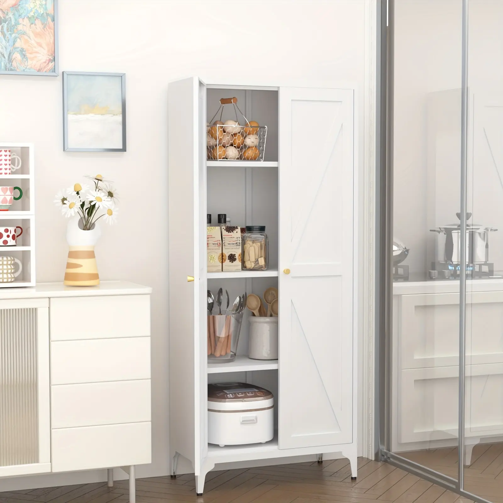 [Metal Storage Cabinet] Metal Storage Cabinet, Metal Kitchen Pantry Cabinet, Food Pantry Storage Cabinets With Doors And Shelves, Large Steel Storage Cabient For Dinning Room, Laundry Room, White/Black