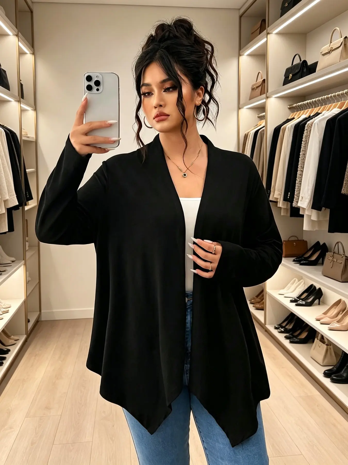 Plus Size Asymmetrical Hem Knit Cardigan, Casual Office Style, Slimming Long Sleeve Knitwear Outerwear, Versatile Daily Wear for Plus Women