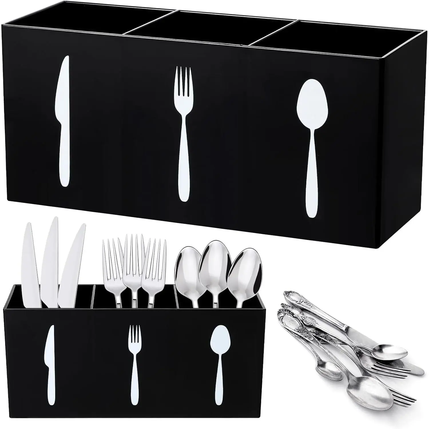 Acrylic Cutlery Storage Organizer Bin Silverware Caddy Countertop Knife Spoon and Fork Holder Kitchen 3 Section Tableware Storage Box for Cabinet Indoor Home Flatware Dining Room (Black,M)