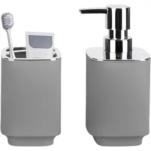 2 Pieces Grey Bathroom Accessories Set, Soap Dispenser and Toothbrush Holder, Ideal for Boho Bathroom Decoration