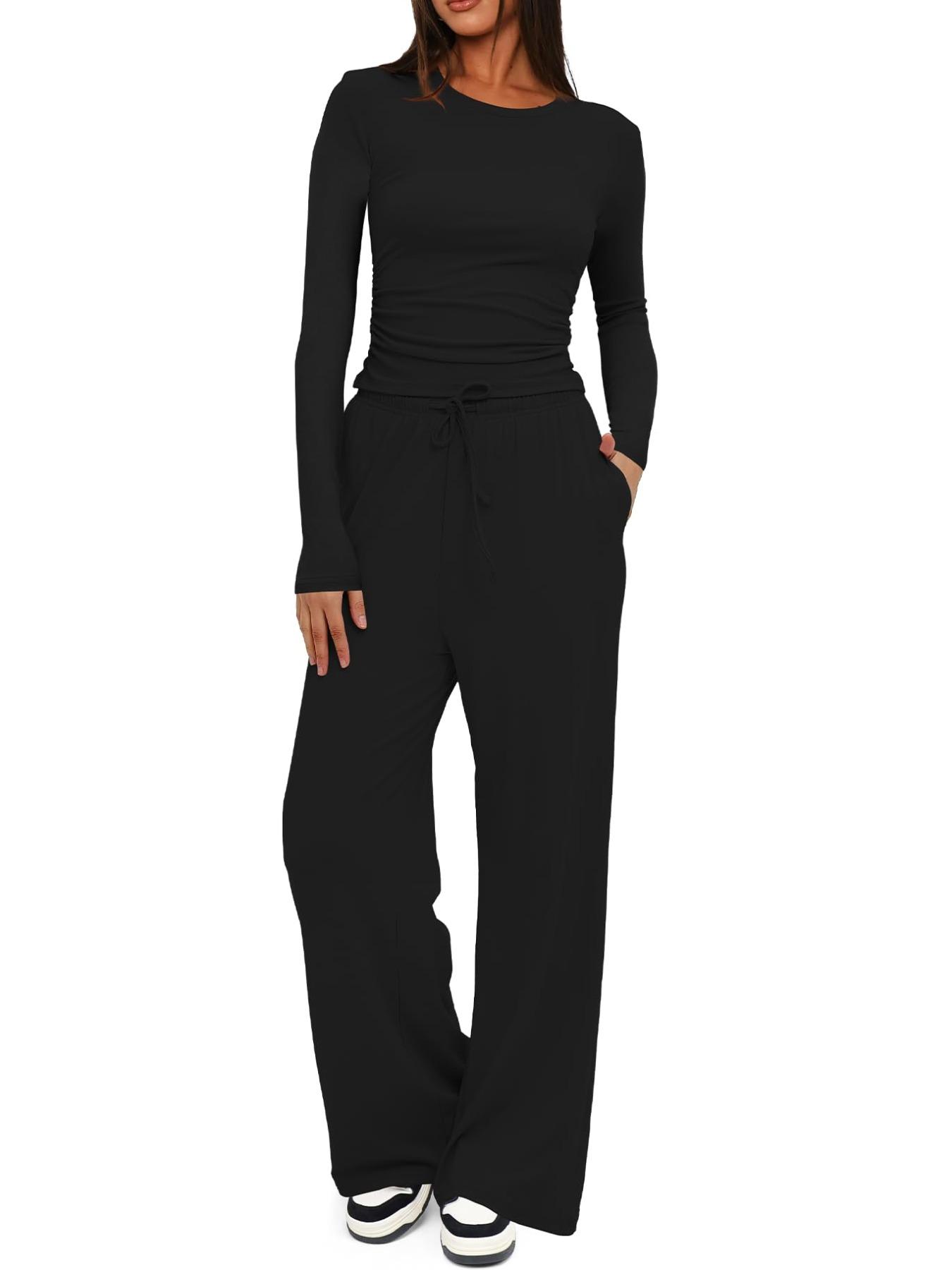 Women's Solid Ruched Drawstring Loungewear Set, Casual Fit Long Sleeve Round Neck Top & Pocket Wide Leg Trousers, Ladies Sleepwear for All Seasons