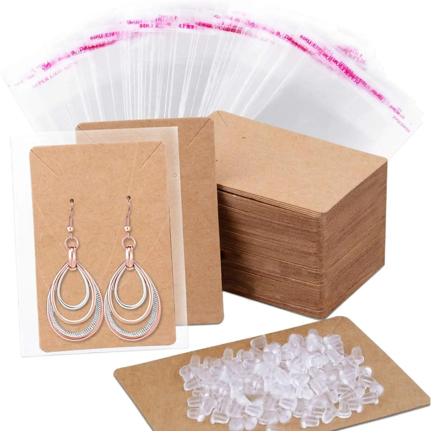 100 count Earring Display Cards with 200 Earring Backs and 100 Self-Sealing Bags for Earrings, Necklace &  Display,  Color 3.5x2.4 Inches