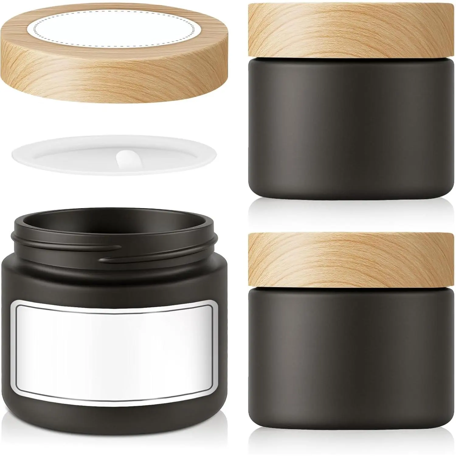 3 Pack 2 OZ Matt Black Small Glass Jars with Plastic Woodgrain  | Empty  Airtight Travel  Containers with Inner  for , Makeup, Lotion, Ointments, Blam, Salve,