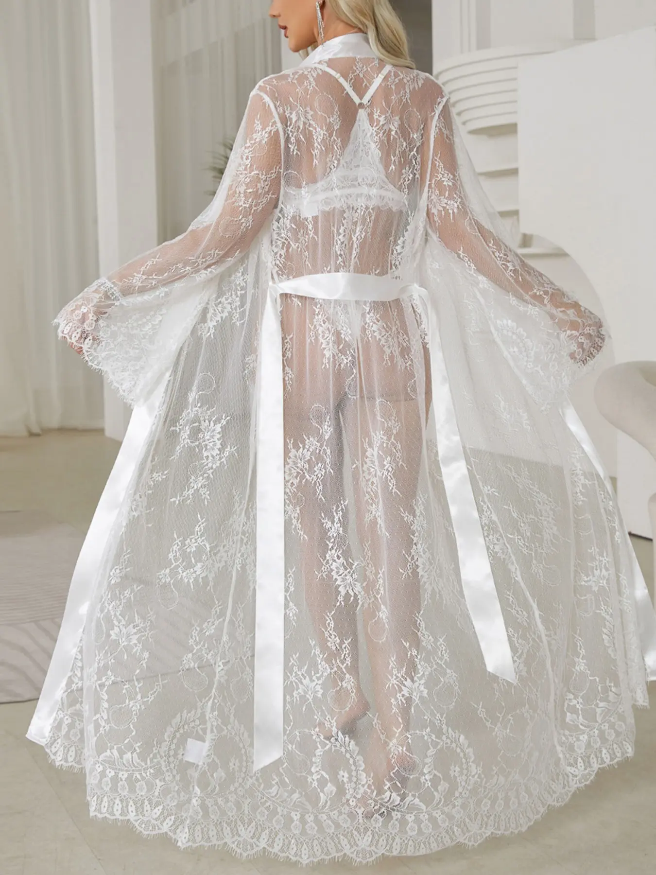 Sexy Lace Trim Elegant Sleepwear, Transparent Alluring Nightgown for Women, Outer Wear Home Apparel, Loungewear, Wholesale Available