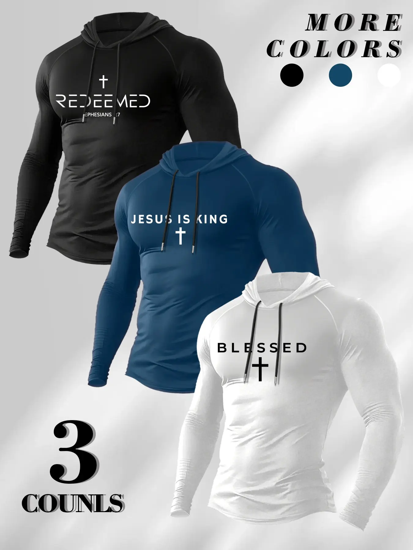 3 Counts Multi Style Cross Text Print Hooded Pullover Top, Raglan Drawstring Hoodie, American Minimal Daily Outdoor Casual Long Sleeve