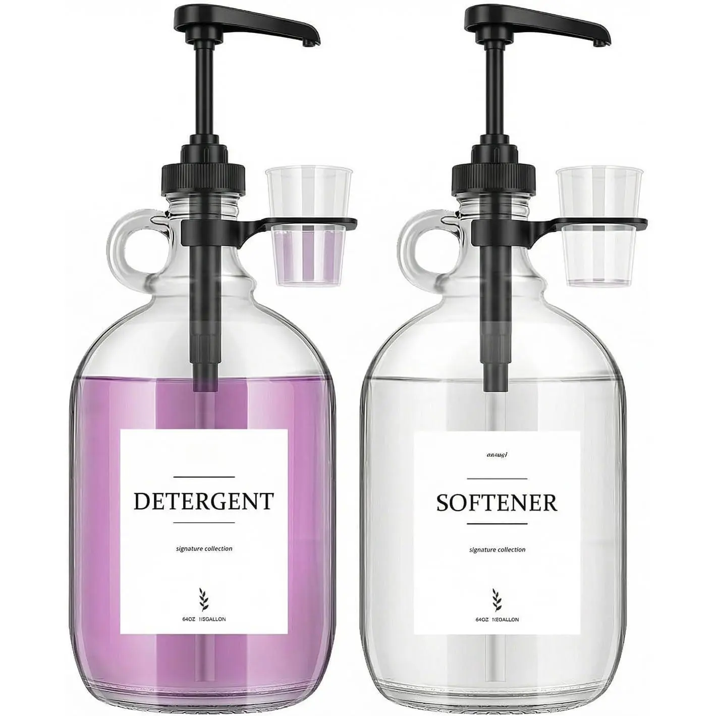 2 count Glass Liquid Laundry Detergent Dispenser with Cup Holders, Half Gallon Dispenser for Laundry Room (64 oz. Each), Laundry Detergent Bottles with Pump Dispenser - (Black Pumps)
