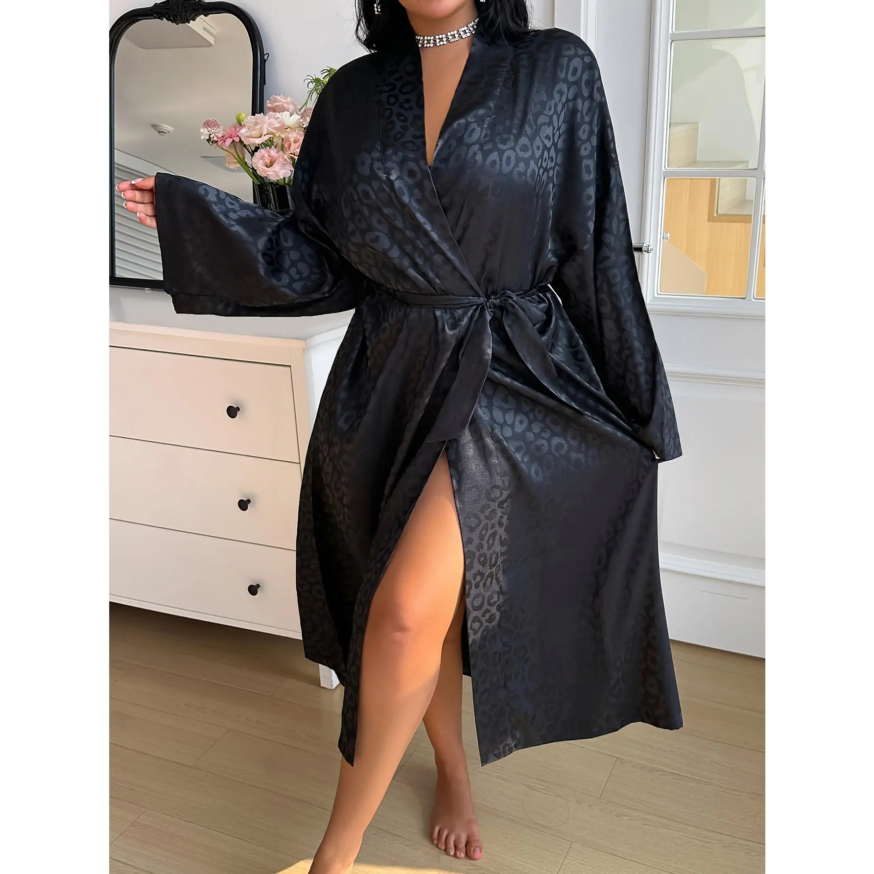 Four-Season - Extended-Length - Black Jacquard - Fashionable Sexy Home Robe for Women