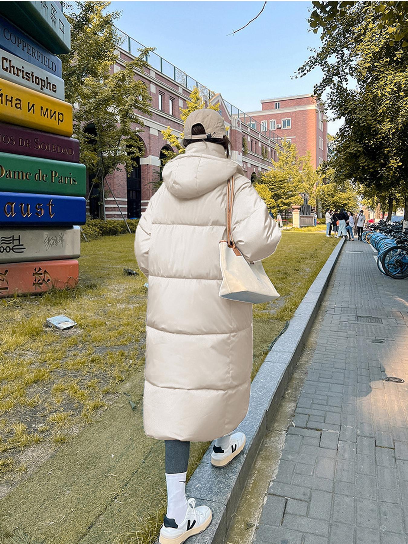 Women's Solid Button Front Pocket Zipper Drop Shoulder Midi Winter Coat, Jackets, Casual Long Puffer Coat For Fall & Winter, Women's Clothing For Daily Wear