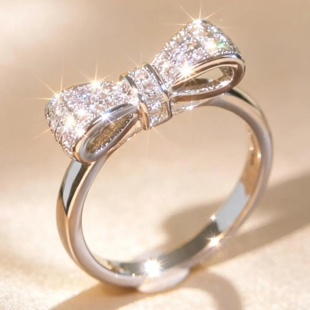 Shiny Full Paved  Bow Knot Ring Silver Plated Dainty Stackable Promise Engagement Wedding Band Cute Fashion Statement Jewelry Gift For Women Girlfriend Birthday Valentine Christmas Anniversary  Gift For Her Daily Party Wear