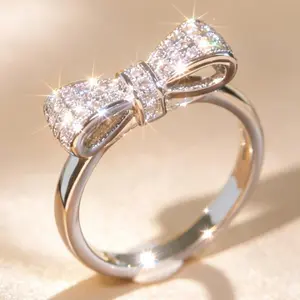 Shiny Full Paved  Bow Knot Ring Silver Plated Dainty Stackable Promise Engagement Wedding Band Cute Fashion Statement Jewelry Gift For Women Girlfriend Birthday Valentine Christmas Anniversary  Gift For Her Daily Party Wear