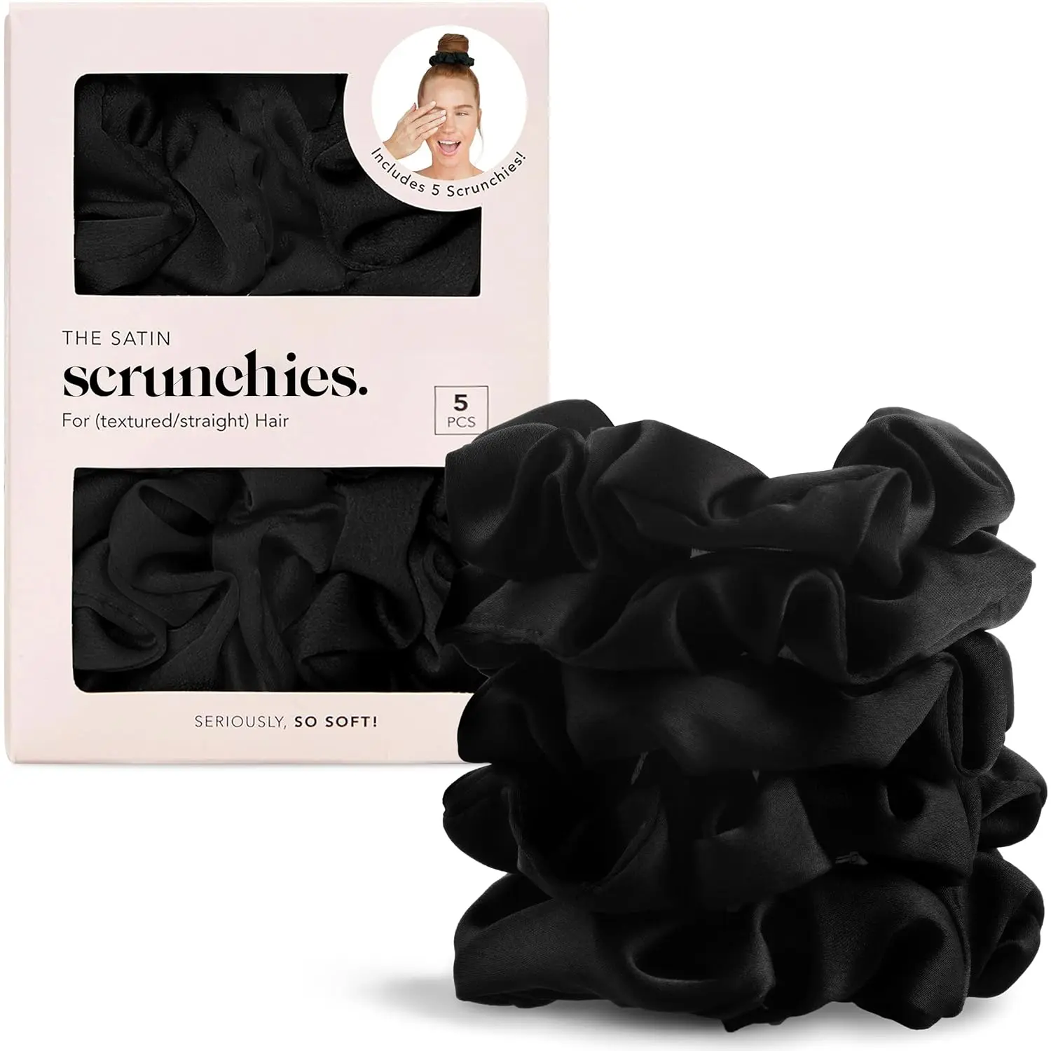 Satin Scrunchies for Women - No Crease, Frizz Control |   Softer Than Silk Scrunchies Gentle On Hair Scrunchies for All Hair Types |   Stylish Hair Accessories College Essentials - Black, 5pcs