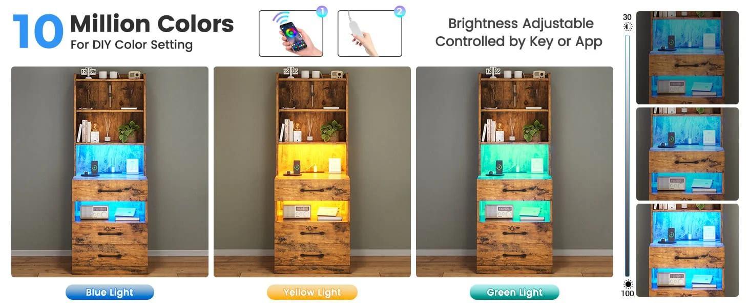 Sikaic LED Tall Nightstand with Bookshelf Brown Multifunctional Console Table Modern Corner Vanity Modern Furniture