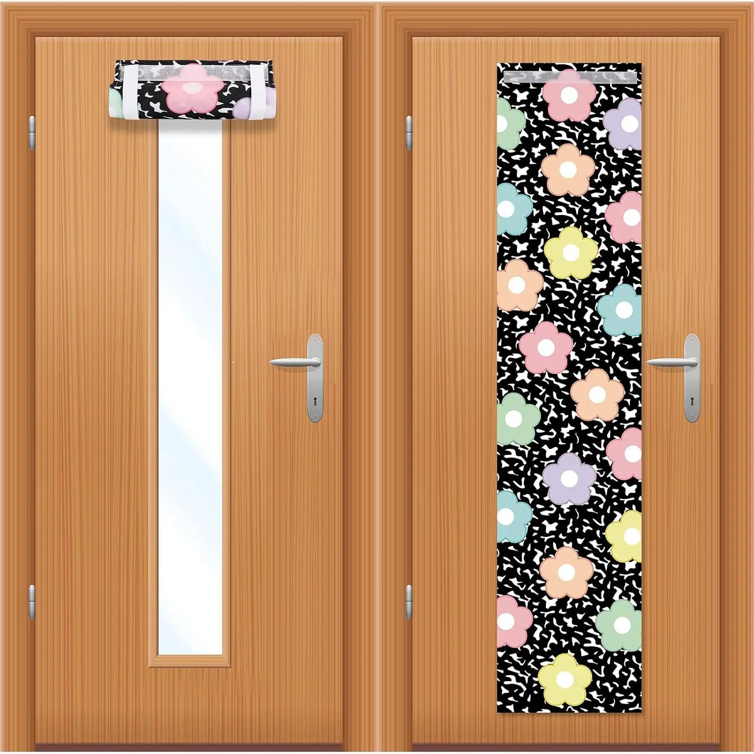 2-Pack Synthetic Modern Pastel Flower Accent Window Curtains - Blackout Privacy Curtain for Windows, Teacher Classroom Decor, School Office Room Door Cover