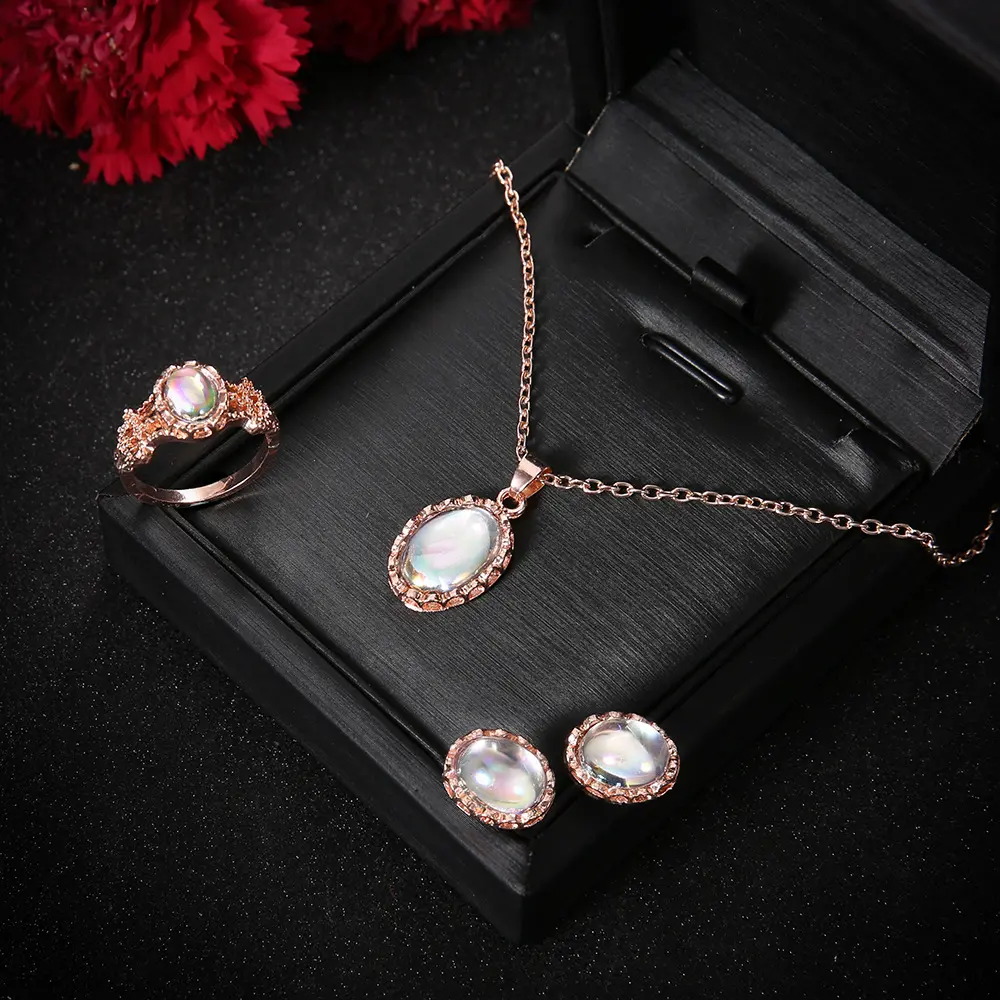 Dazzling Gemstone European American Fashion Jewelry Set, New Trendy Necklace Earrings Ring Bulk Wholesale