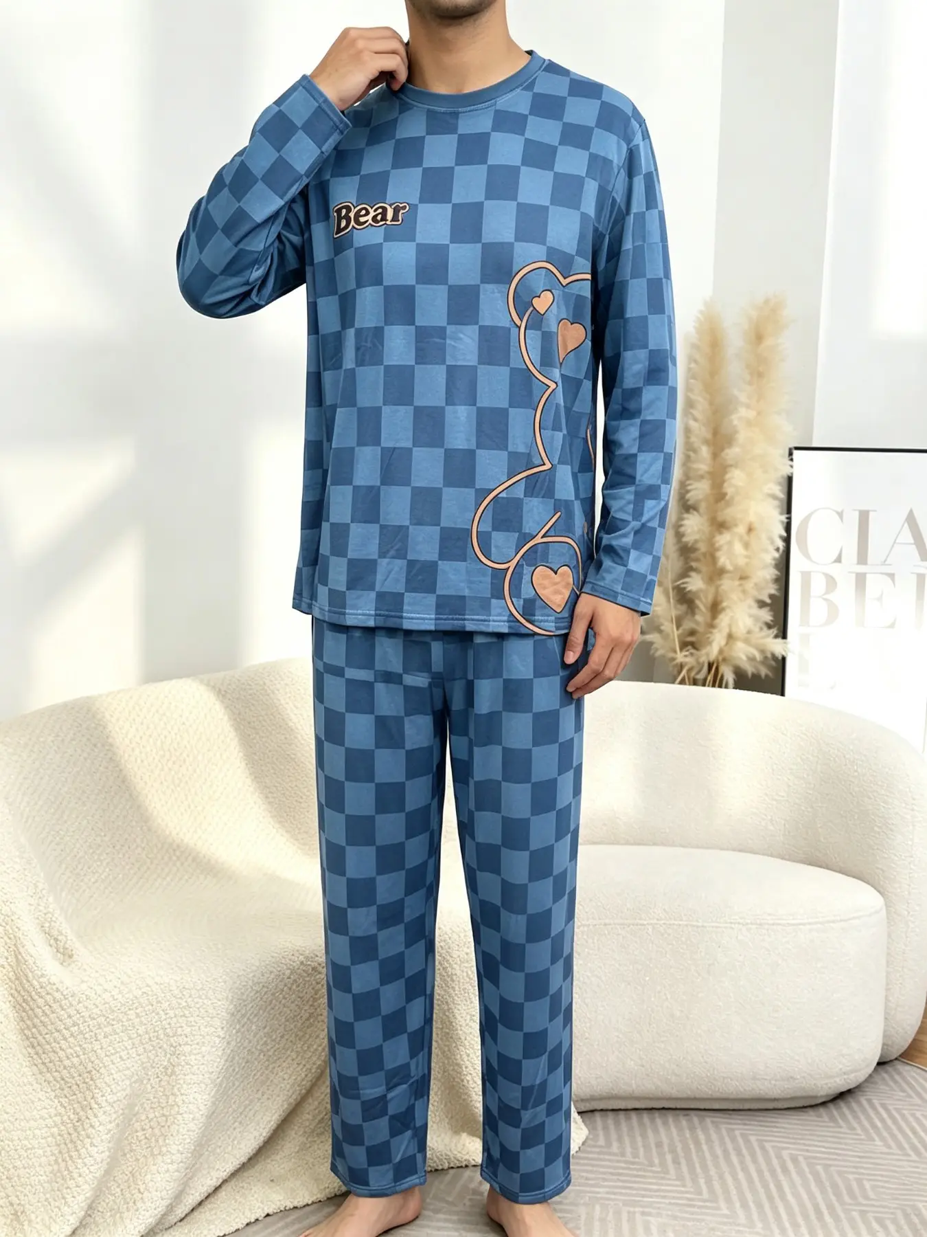 Men's Long Sleeve and Pants Checkered Bear Matching Pajama Set, Simple Heart Design, Round Neck, Loose Fit, Casual, Home Sleep Two-Piece Set