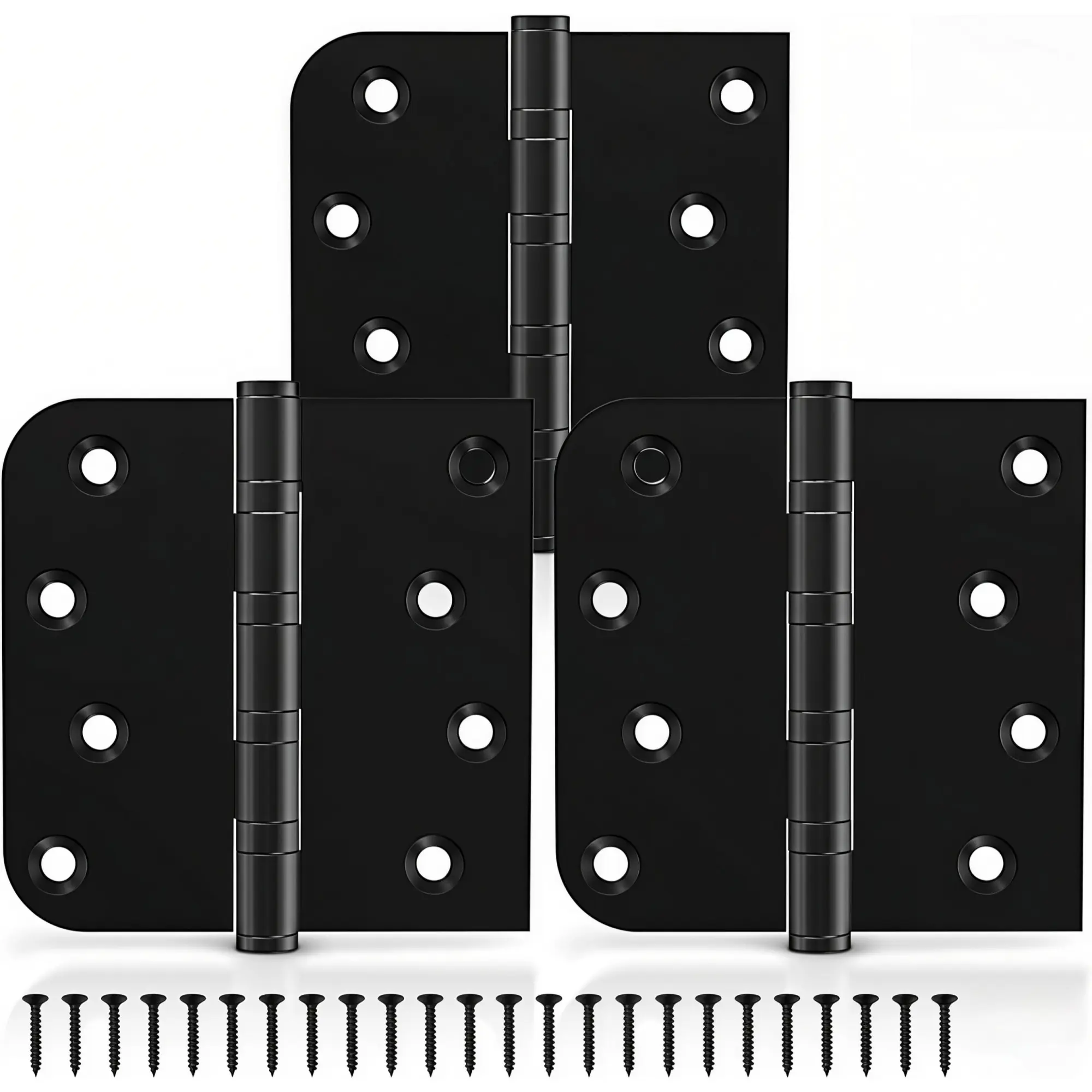 Heavy Duty Matte Black Door Hinges 3 Pack, 4 Inch Ball Bearing Quiet No Squeak Hinges, 5/8" Radius & Square Corners, Removable Pin Anti-Rust Exterior Door Hardware for Front Doors, Back Doors & Door Replacement