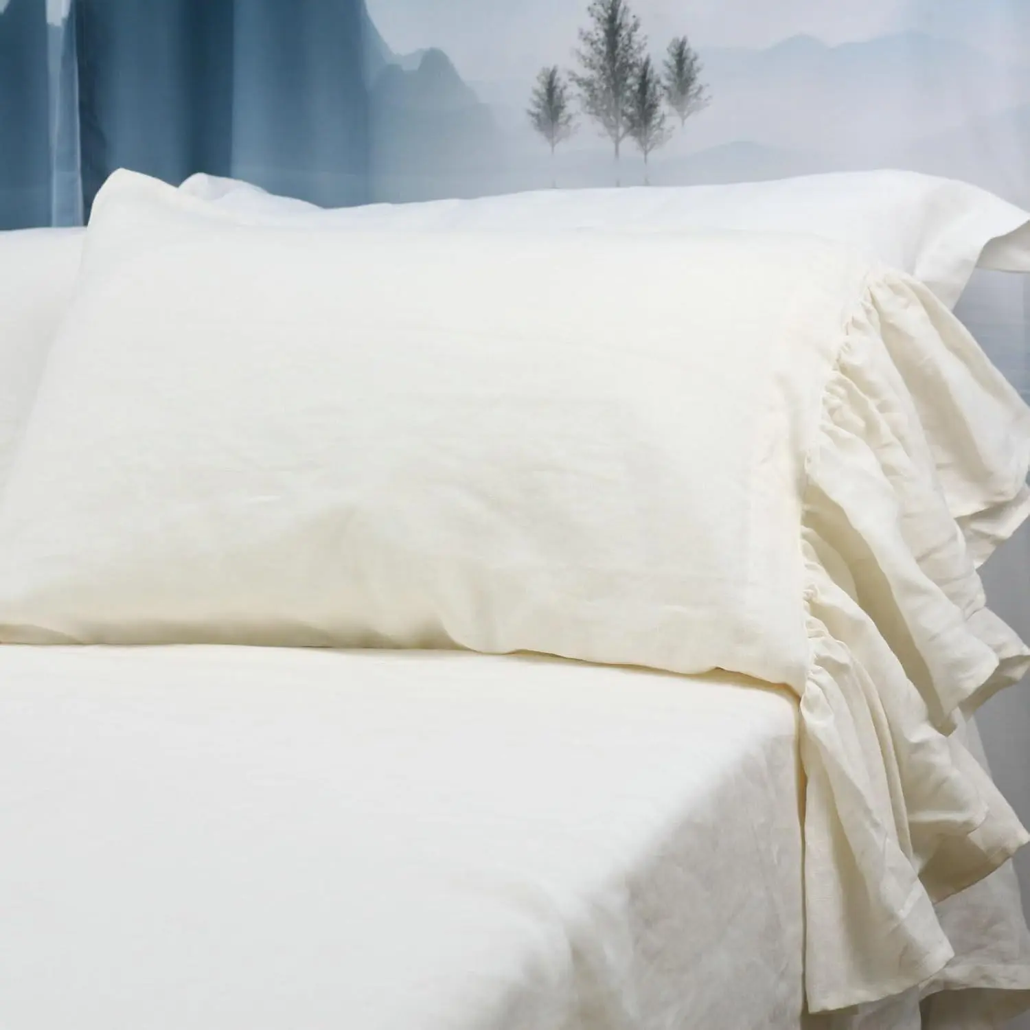 100% Pure French Flax Linen Ruffled Pillowcase Pillow Sham, Available in Standard Queen King Size 1 PCS (King, Ivory)