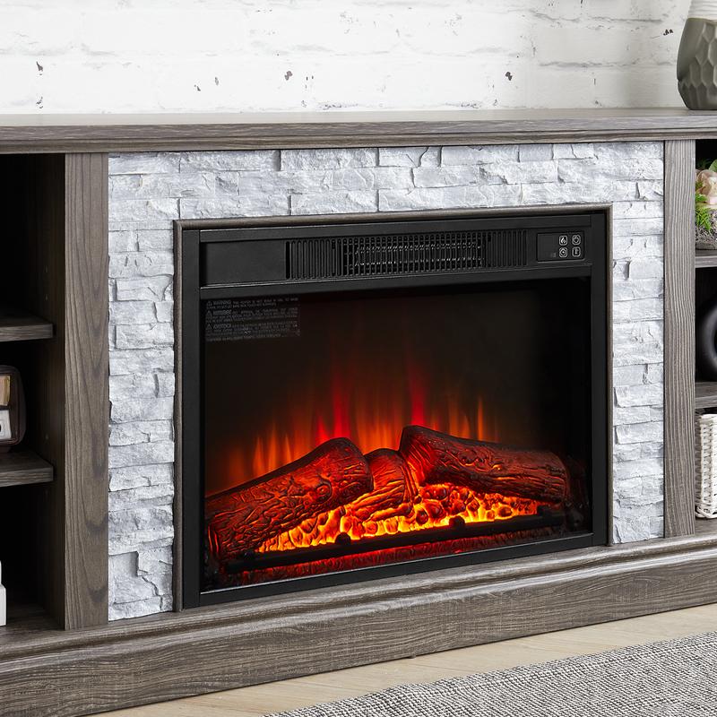 Large Fireplace TV Stand Storage Rack with Faux Stacked Stone Surround, Modern Media Console Table with Large Storage Cabinet and 23" Fireplace Insert, 70.12"W*15.35"D*25.83"H