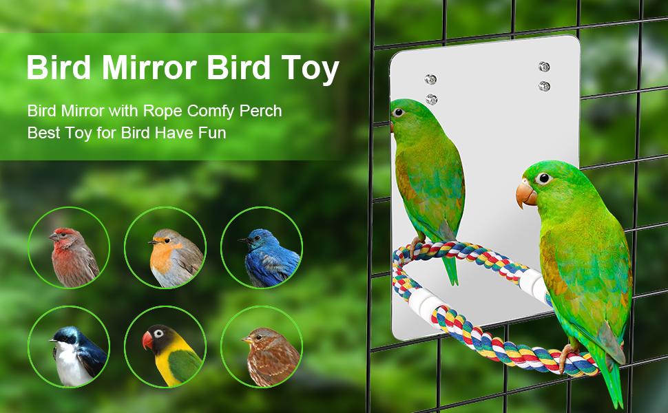 7" Bird Mirror with Rope Perch Bird Toys Swing, Comfy Perch for Greys Amazons Parakeet Cockatiel Conure Lovebirds Finch Canaries