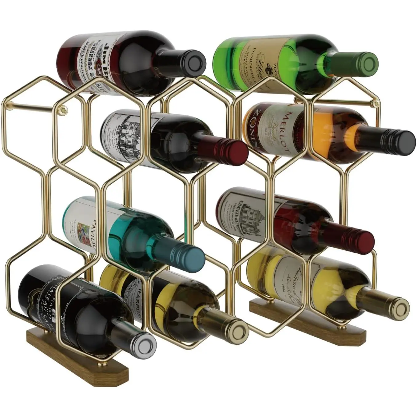 Countertop  Rack with Acacia  Base, 14-Bottle Holder,  |   Storage, Red & White Bottle Organizer, Kitchen Bar Decor, Space-Saving Countertop Display, Modern  Style