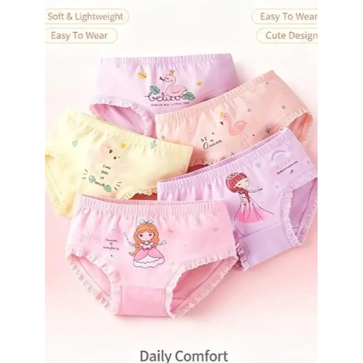 5pcs Girls' Cotton Underwear - Soft Stretchy Triangle Briefs with Cute Cartoon Animal & Princess Designs, Pastel Colors, Lace Trim, All-Season Comfort Little Girls, Cute Underwear