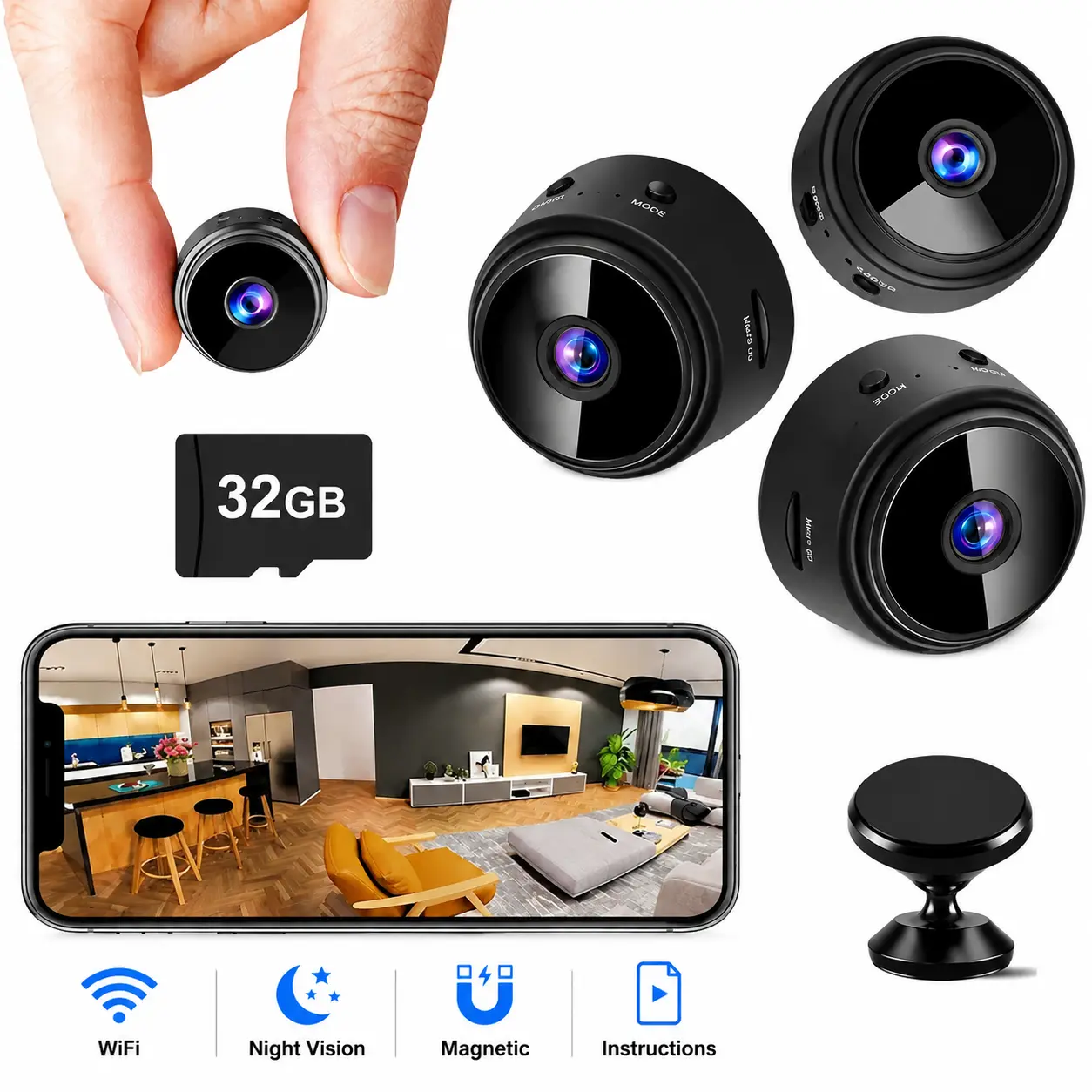A9 Mini Wireless Camera 1080P HD, WiFi Mobile Surveillance with Motion Detection, 32GB Support, Smart Home Baby Monitor & Indoor Outdoor Security Cam