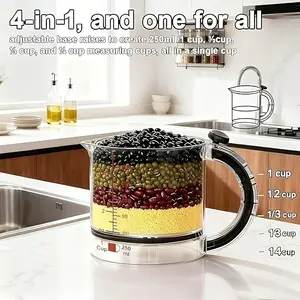 1pc Measuring Cup 4-in-1 Adjustable with Spatula Seal Base Push-on Lid Double Scale ml oz Space-saving Durable Easy Clean No-waste Kitchen Baking Tool