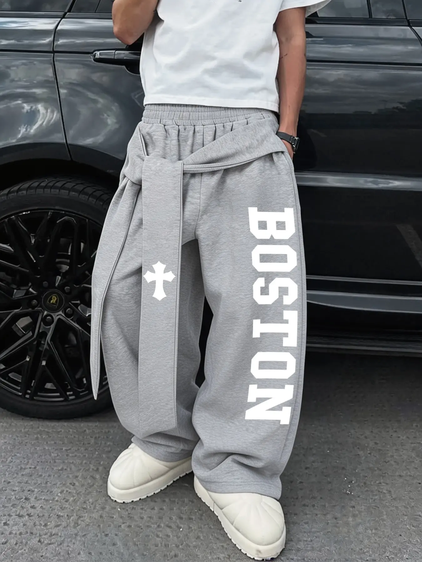 Men's Boston Letter Cross Print Sweatpants, Loose-Fit Street Style, Breathable Fabric, Casual Daily Wear, All Seasons