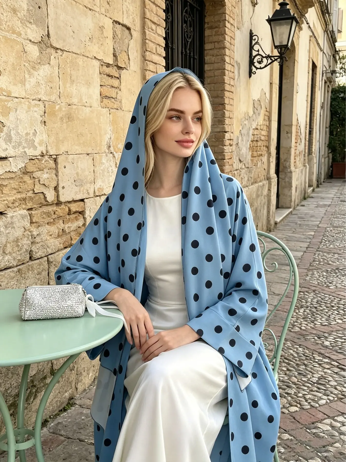 Fresh Polka Dot Open Front Abaya Set with Matching Headscarf, Loose Fit Long Sleeve Muslim Outerwear, Beach Vacation Women's Dress