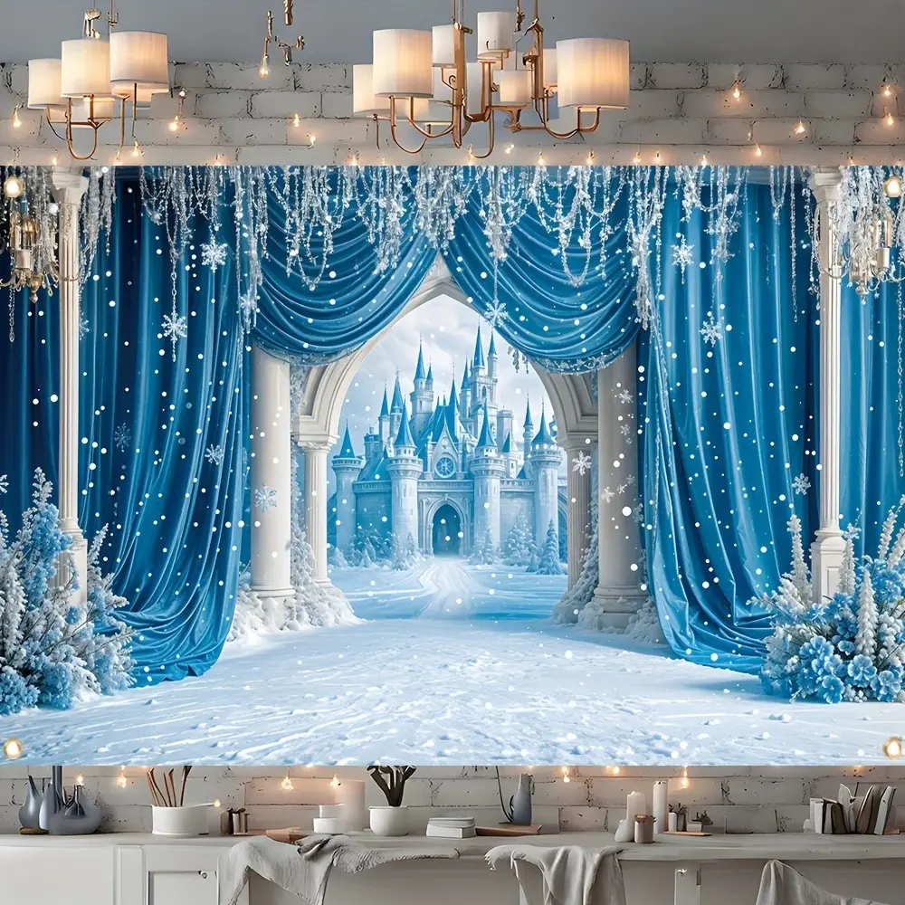 Winter Ice Castle Print Tapestry - Lightweight Polyester Fabric Blue Wall Hanging, Home Decor for Room, Baby Shower, Anniversary, Christmas-New Year Party Decor & Office Indoor Photography Backdrop, Prints
