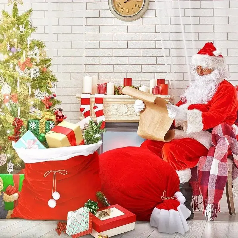 Festive Velvet Christmas Santa Gift Bags, Set of 4 Large Sacks with Drawstring, Ideal for Holiday Presents & Party Decorations