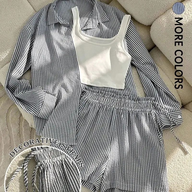 Two-Piece Women's Striped Oversized Long Sleeve Button-Down Shirt & Drawstring Shorts Set without Tank Top, Womenswear for Daily Wear & Vacation