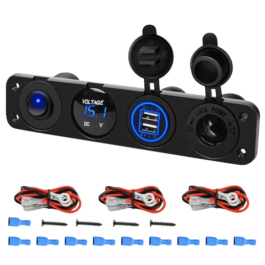Nilight 4-in-1 ON/OFF Blue Charger Socket Panel with Dual USB Voltmeter, USB Car Connector, 12-24V Input Multifunctional Vehicle Electronic Accessory