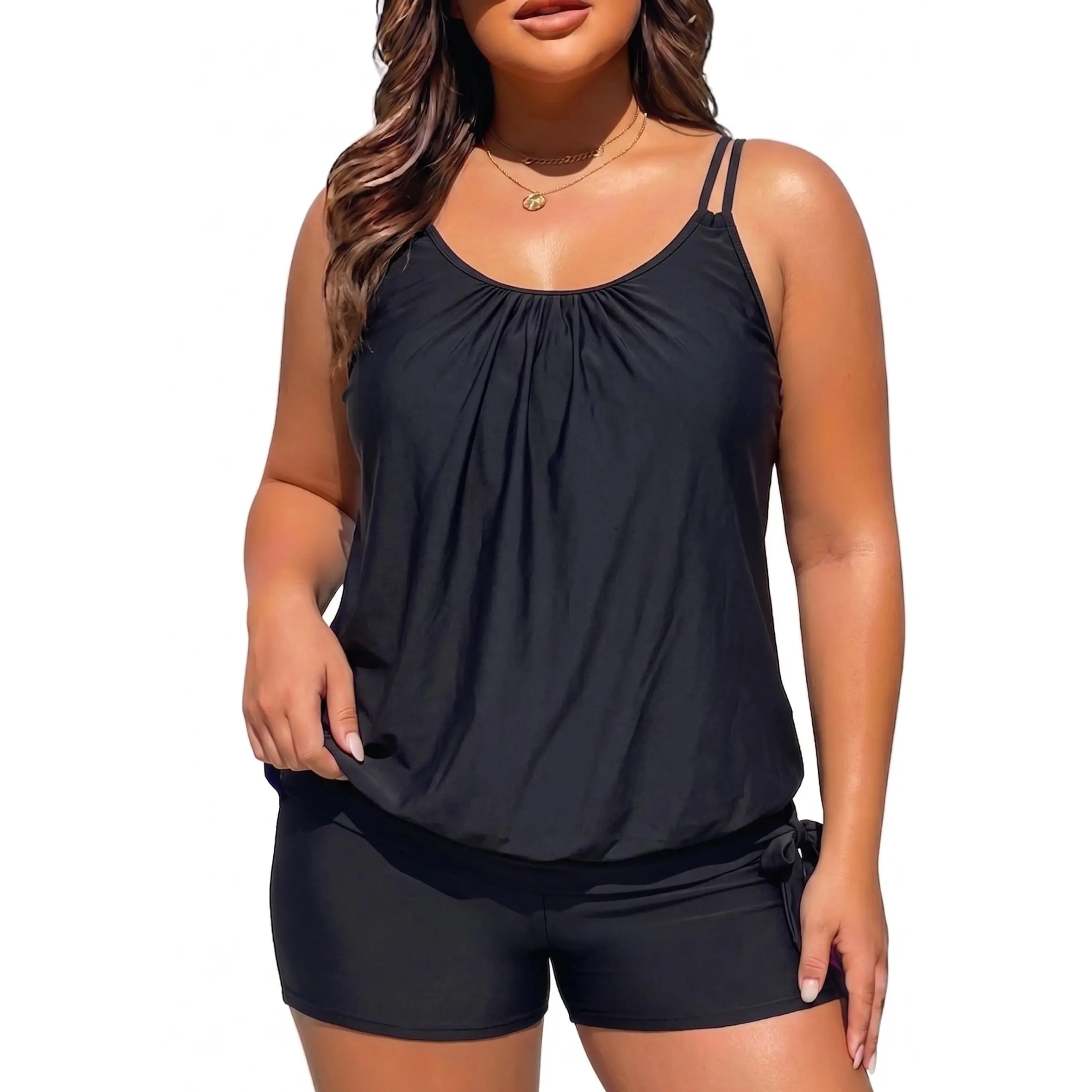 Holipick Women Plus Size Two Piece Tankini Swimsuit Tummy Control Bathing Suits Blouson Tankini Top with Boy Shorts