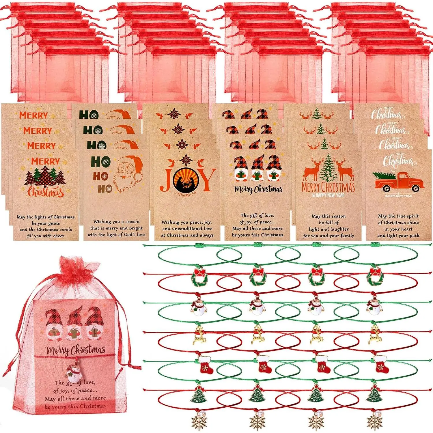 24 Set Christmas Bracelets with Wish Card Organza Bags Xmas Adjustable Multicolor Braided Bracelet Wax Rope Bracelets with Santa Snowflake Xmas Tree for Women Men