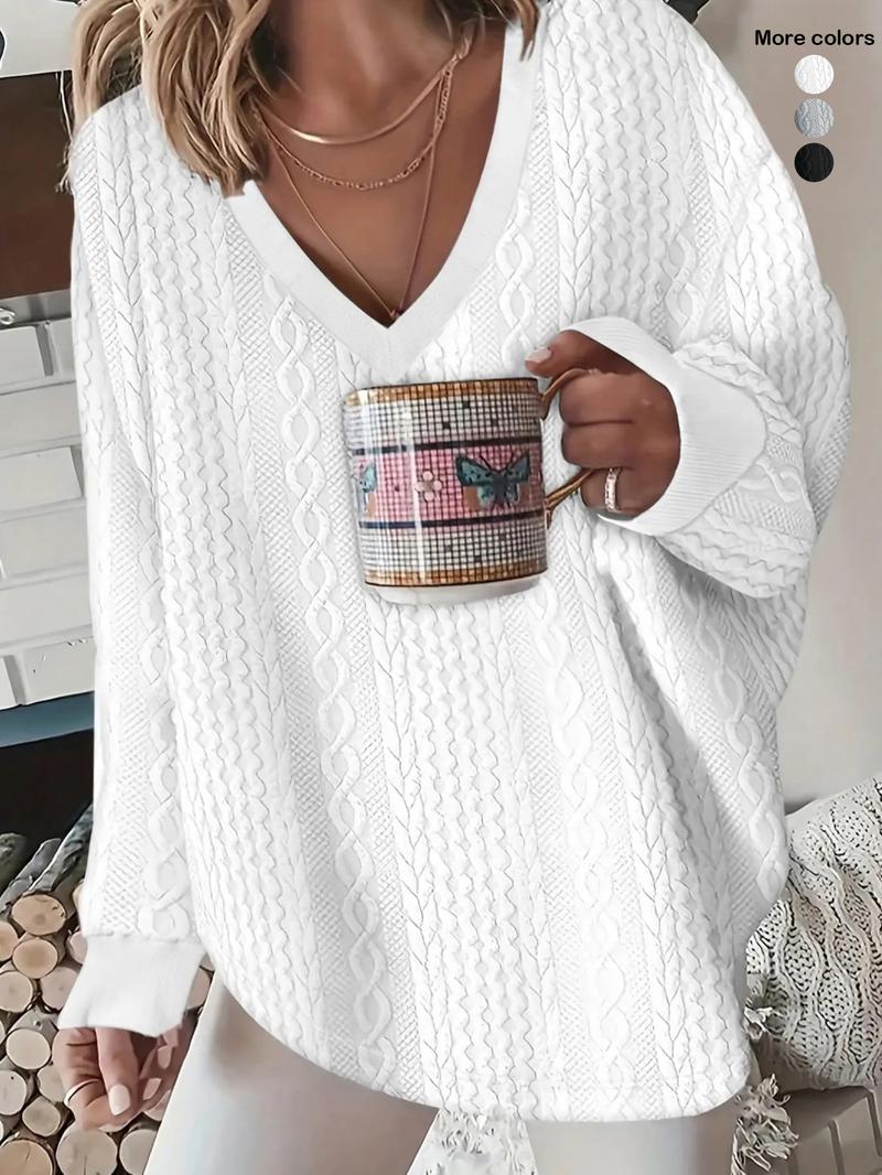 Women's Plain Jacquard Drop Shoulder V Neck Tee, Casual Long Sleeve T-Shirt for Fall & Winter, Women's Clothing for Daily Wear