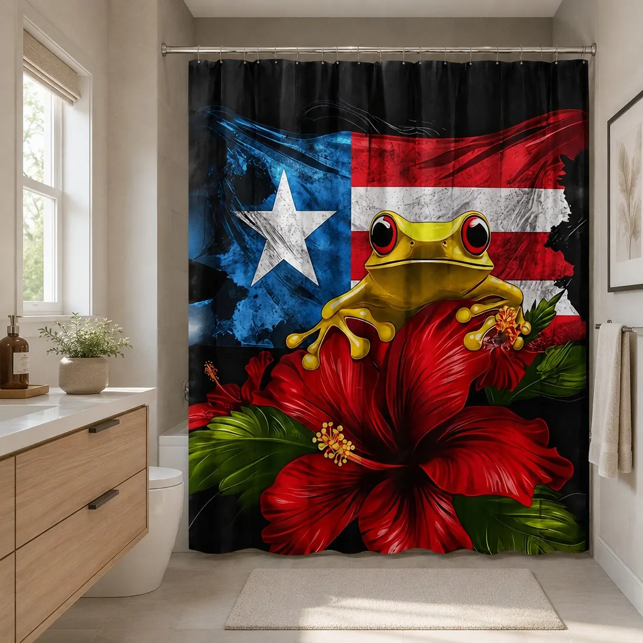 1/4pcs Puerto Rican Flag & Hibiscus Frog Bathroom Set - Funny Decorative Shower Curtain, 2 Bath Mats, Toilet Lid Cover - Distressed Flag, Vibrant Hibiscus, Yellow Frog with Red Eyes - Patriotic Tropical Theme Decor for Home