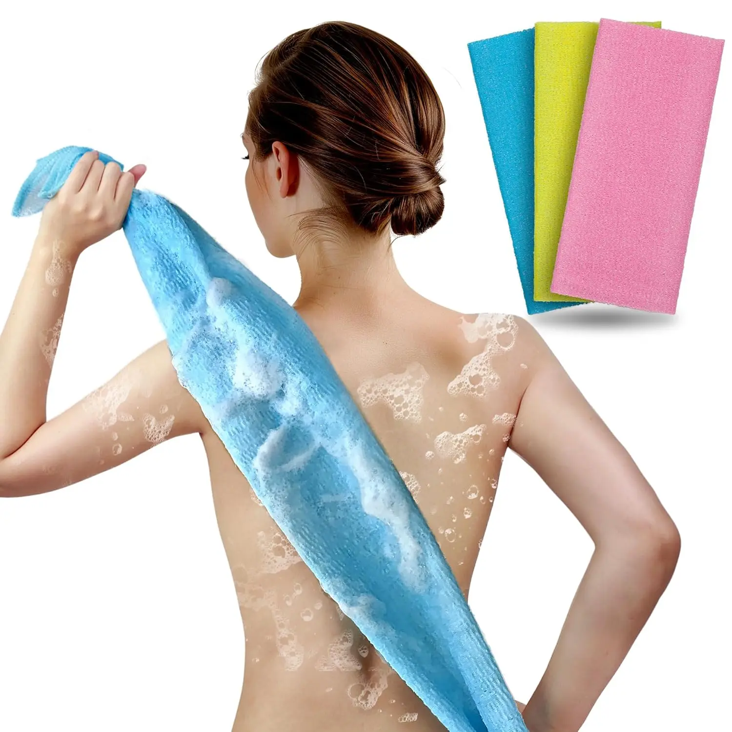 Exfoliating Washcloth Body Scrubber 35-Inch Japanese & Korean Back Scrubber Towel for All Skin Type Daily Use in Shower, Textured Nylon Body Washcloth for Smoother-Looking Skin Quick-Dry 3 Pack