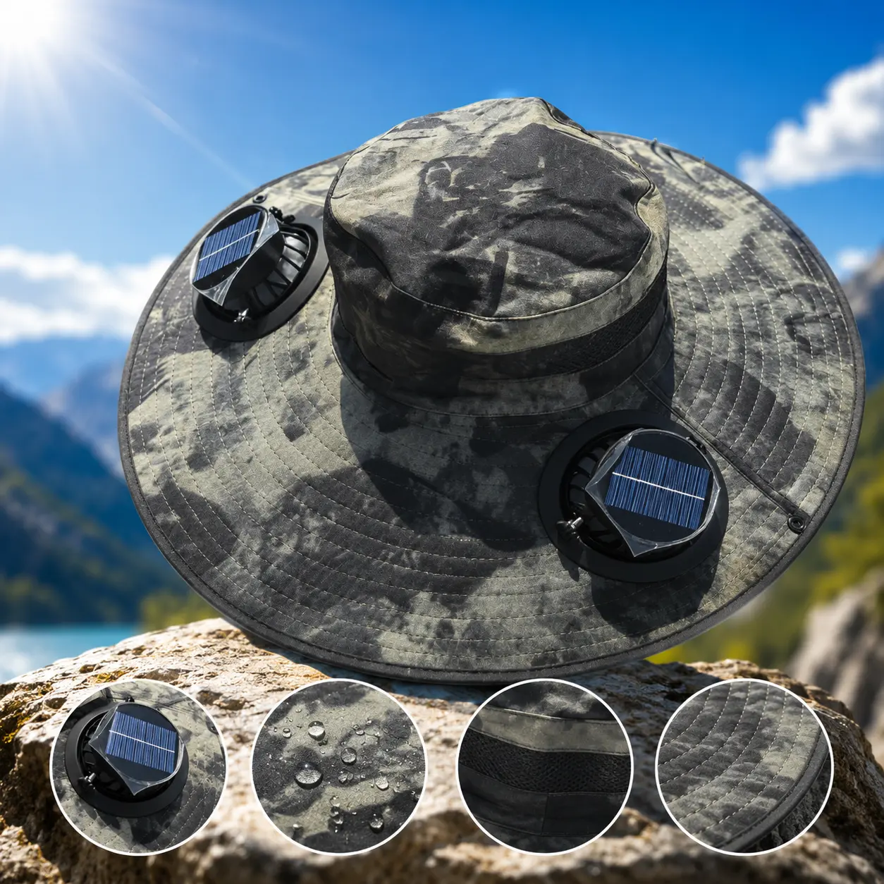 Synthetic Solar Fan Sun Hat with 180° Adjustable Fan, UPF50+ Wide Brim UV Protection, USB-Solar Rechargeable Portable Summer Cooling Gear for Camping, Fishing, Men & Women, Beach, Hiking