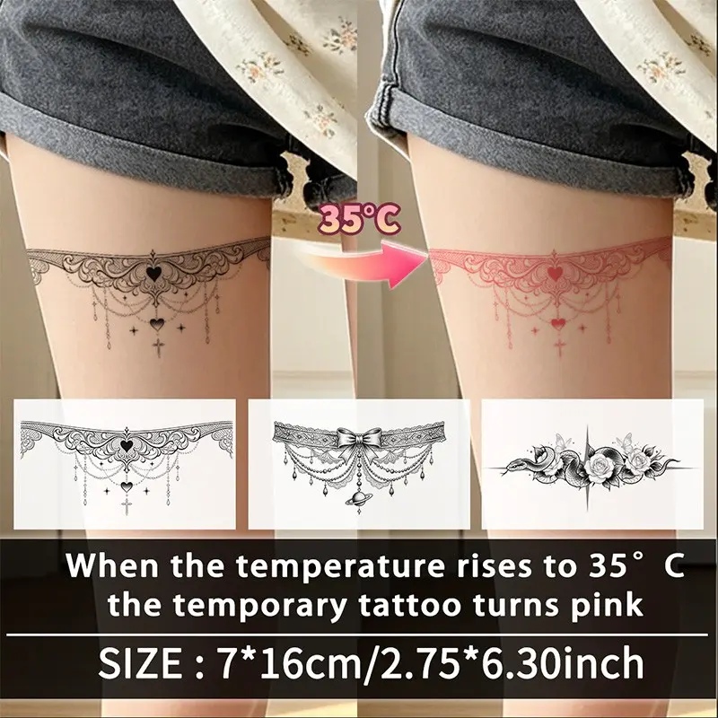Thermal Color-Changing Temporary Tattoos, Butterfly Bowknot Lace Heart Fringe Snake Rose, Waterproof, Unisex, Waist, Abdomen, Chest, Back, Leg, Temporary Tattoo Stickers