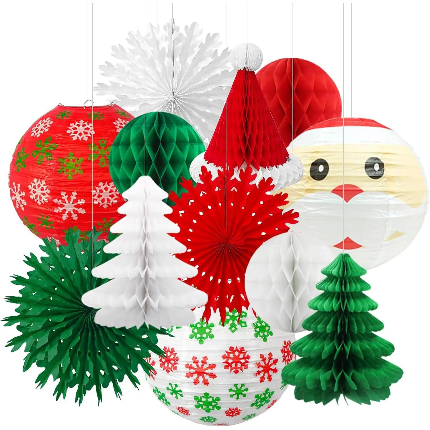 12 count Christmas Decor, Paper Lanterns, Fans and  Balls Set | Red, white, green and blue  decor with Santa hat, snowflakes and trees for winter parties, classrooms and offices