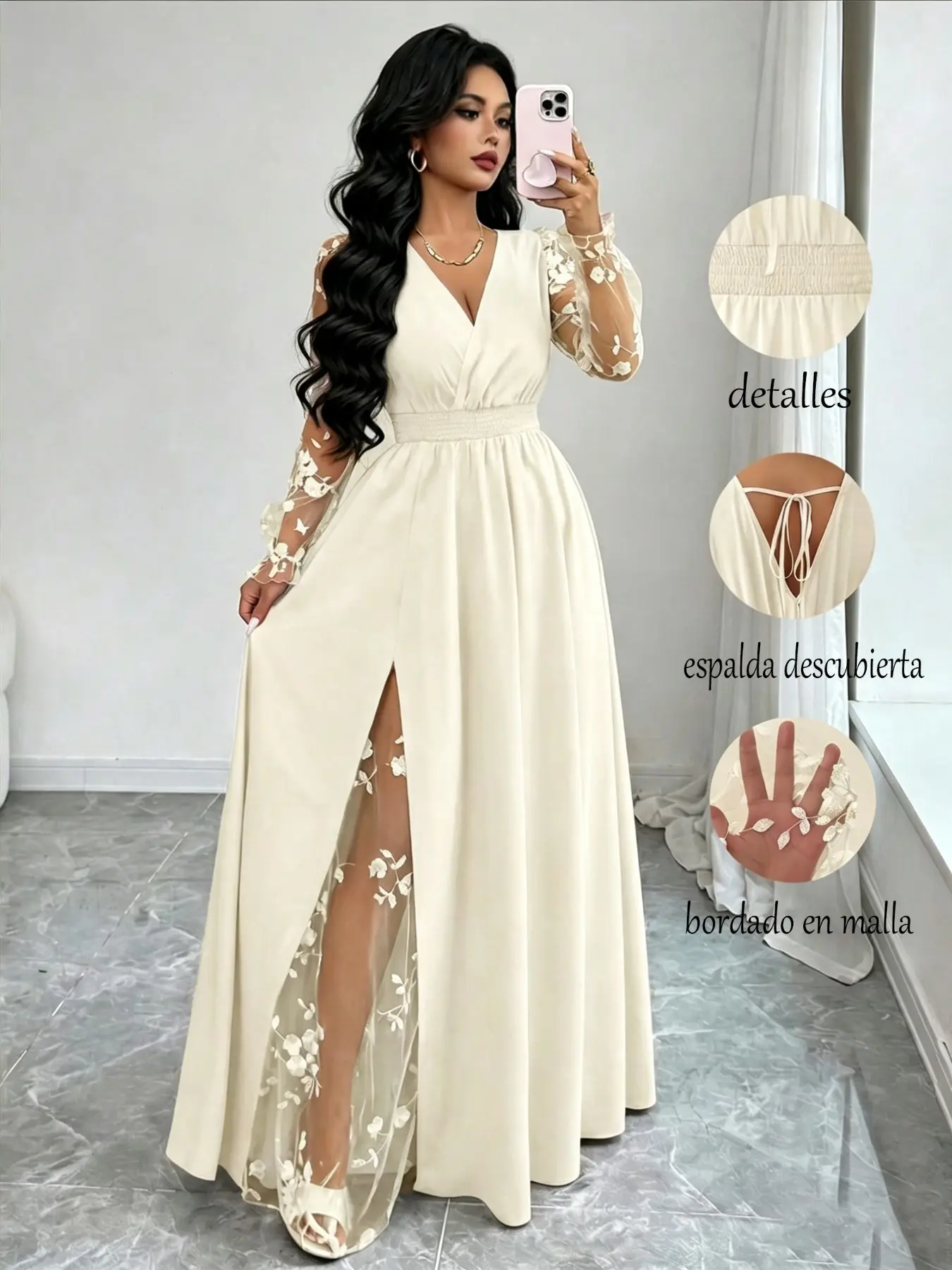 Dark Blue V-Neck Maxi Dress, Sheer Lace Insert, Long Sleeves, Side Slit, Elegant Formal Style, Wedding Bridesmaid, Evening Gown for Party